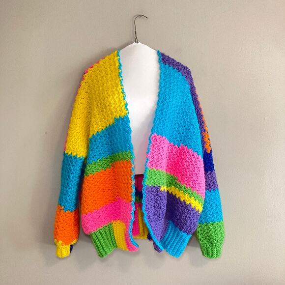 Hand crocheted‎ Eclectic Bold Chunky Knit Open Cardigan Sweater Unisex Oversized